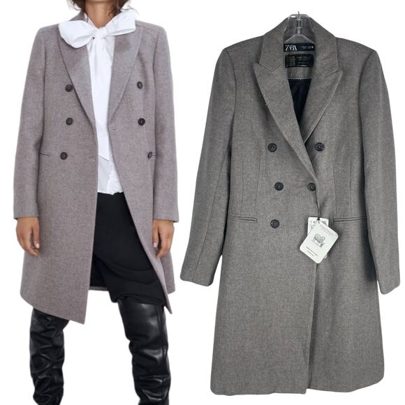 Zara Monteco Wool Blend Double Breasted Coat Ash Brown Size M - Picture 2 of 9
